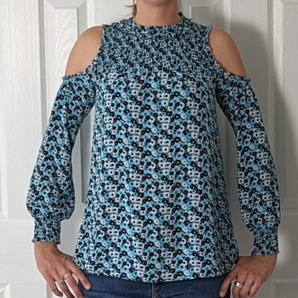 MICHAEL KORS Women's Cold Shoulder Long Sleeve Blouse Top  Size S  Blue